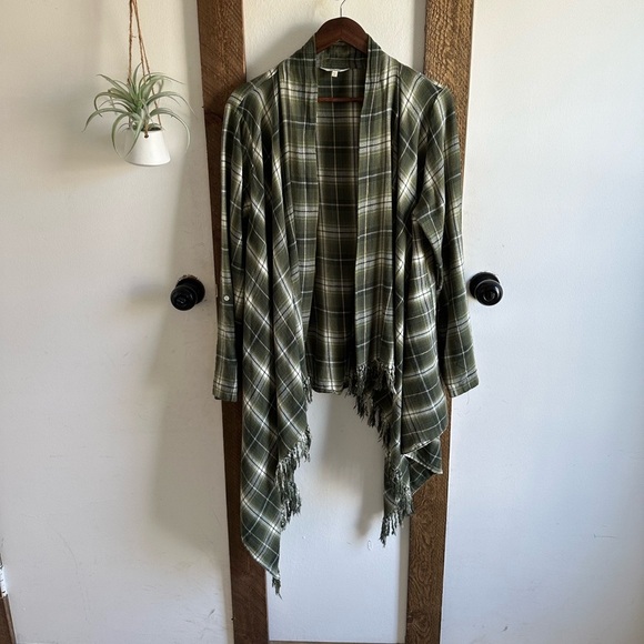 Vintage 90s Plaid Distressed Fringe Flannel Plaid Cardigan Women’s Size Large - Picture 2 of 13